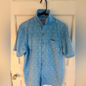 Columbia PFG Fishing Shirt Blue Fish Print Vented Back Button Up medium